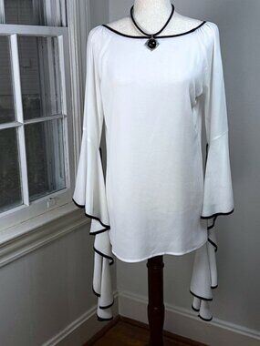 Vintage White Gauzy Tunic Blouse Tiered Ruffle Bell Sleeves Large Retro